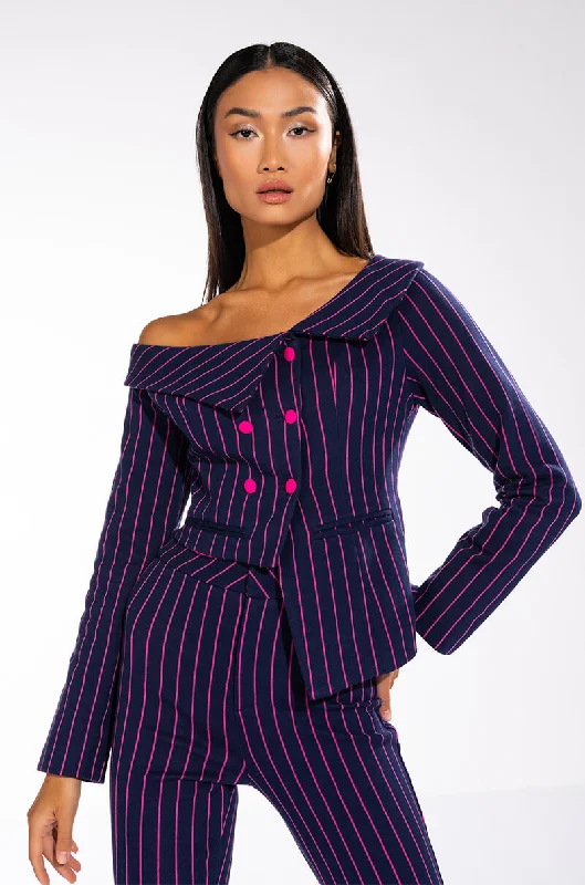 Trendy Comfort SWEET LIKE SUGAR PINSTRIPE OFF SHOULDER BLAZER