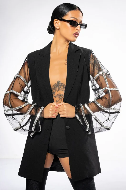 Fashion Must-have SUGAR AND SPICE MESH RHINESTONE ARM BLAZER