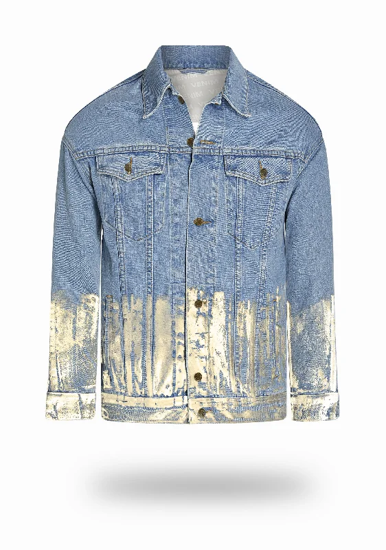 Goddess Style Longer Light Wash Denim Jacket with Champagne Gold Foil