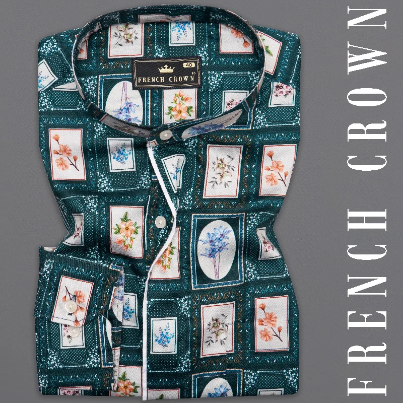 Party Wear Dark Slate Blue with Wild Sand White Multicolour Printed Super Soft Premium Cotton Designer Shirt