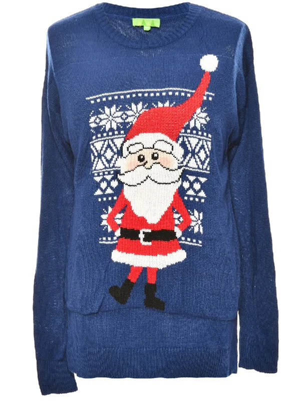 Easy-to-Wear Blue Santa Design Blue Christmas Jumper - S