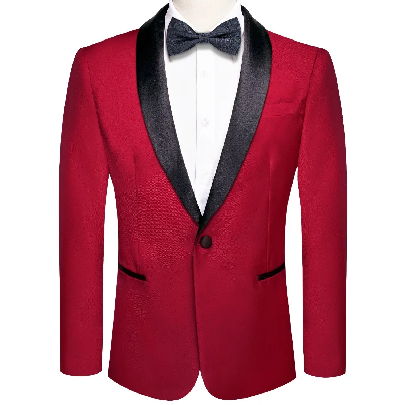 Black Shawl Collar Crimson Red Solid Blazer - XX-1037