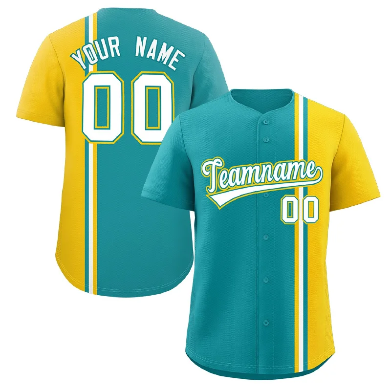 Fresh And Natural Custom Aqua Gold-White Personalized Color Block Authentic Baseball jersey