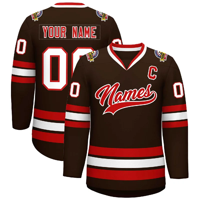 Moisture wicking Custom Brown Red-White Classic Style Hockey Jersey