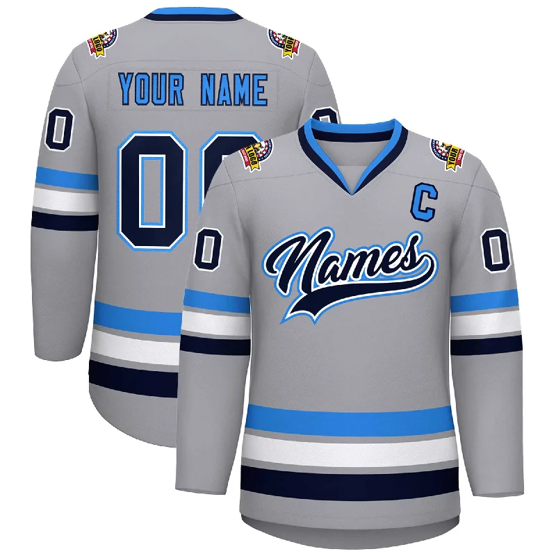 Comfortable Chic Custom Gray Navy White-Powder Blue Classic Style Hockey Jersey