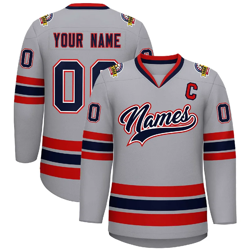 Outdoor Trend Custom Gray Navy White-Red Classic Style Hockey Jersey