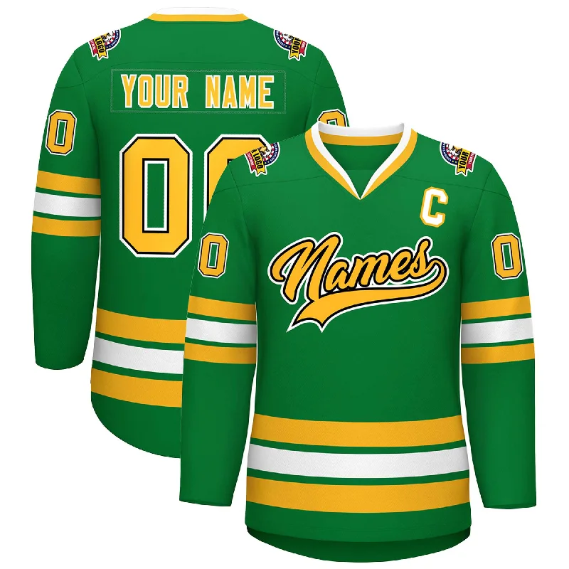 Relaxed Fit Wear Custom Kelly Green Gold Black-White Classic Style Hockey Jersey