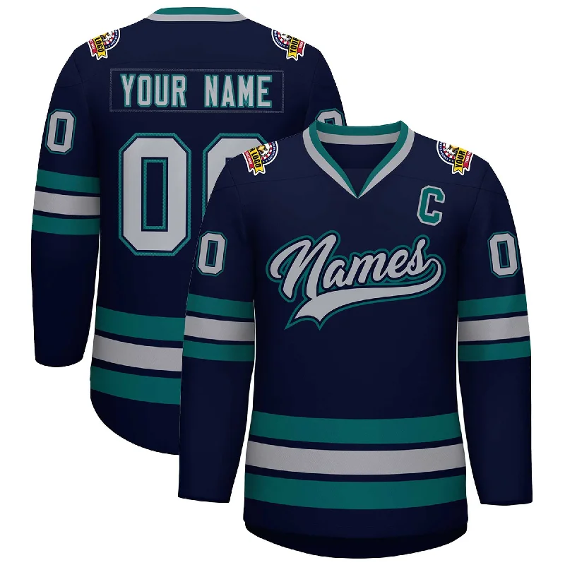 Warm And Comfortable Custom Navy Gray Navy-Aqua Classic Style Hockey Jersey