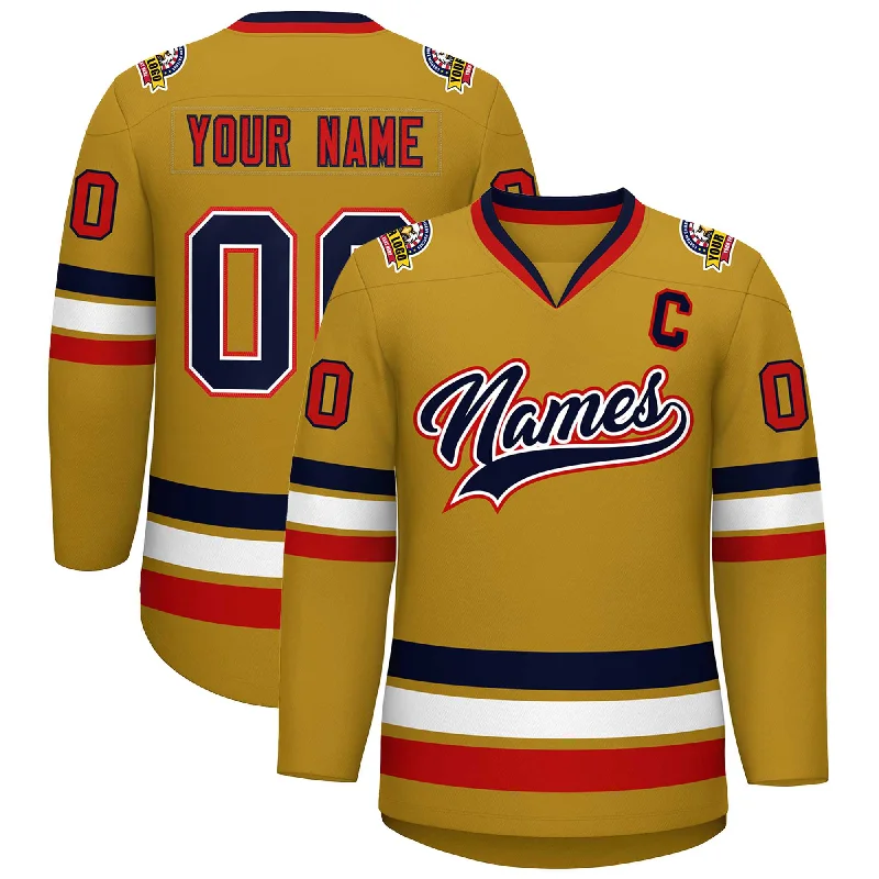 Elegant Dressing Custom Old Gold Navy White-Red Classic Style Hockey Jersey