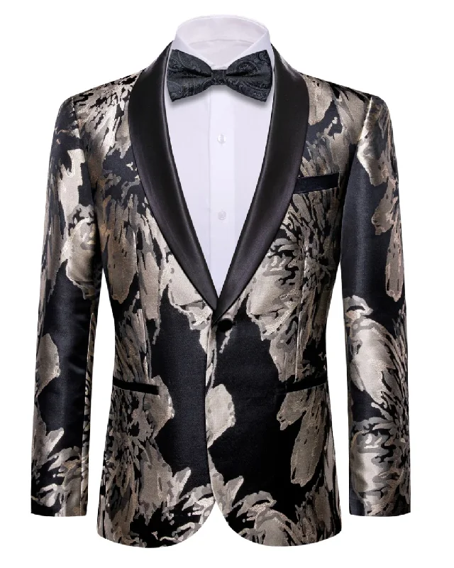 Men's Dress Party Black Grey Floral Suit Jacket Slim One Button Stylish Blazer- XX-0039