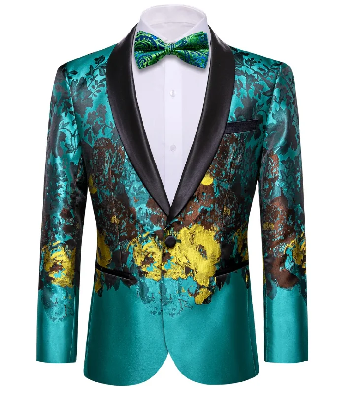 Men's Dress Party Blue Brown Floral Suit Jacket Slim One Button Stylish Blazer-XX-0041