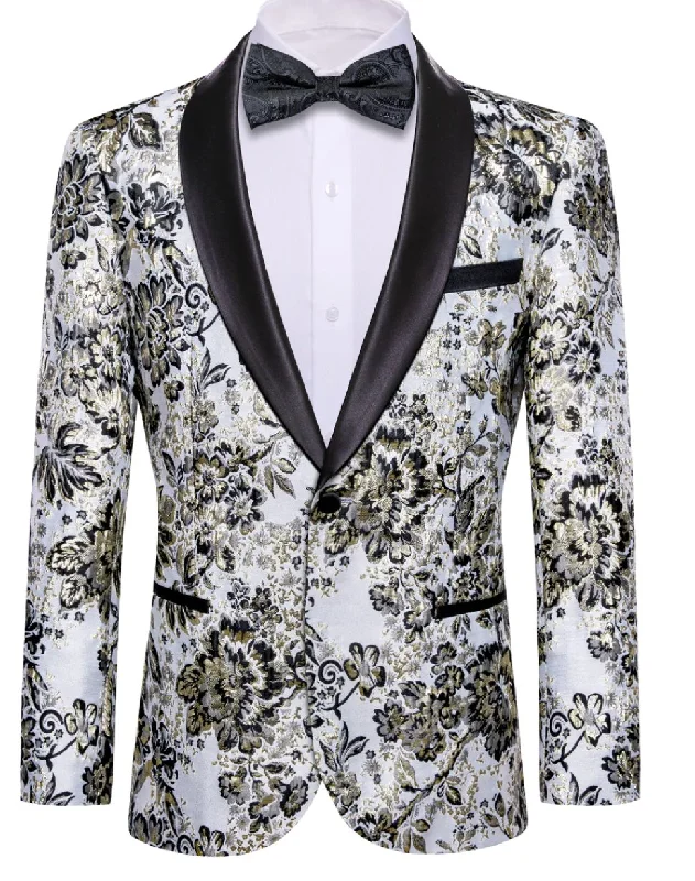 Men's Dress Party White Yellow  Floral Suit Jacket Slim One Button Stylish Blazer-XX-0038