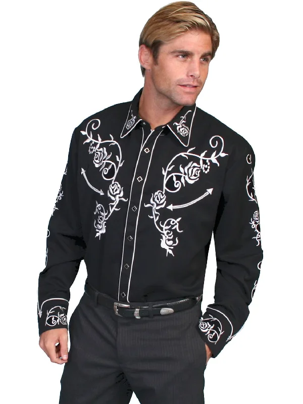 Scully Mens Shirt Western Jet Black Poly Blend Floral Yoke Stitch L/S