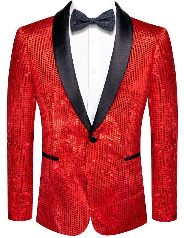 Sequin Red Solid Jacket with Black Shawl Collar  - XX-1083