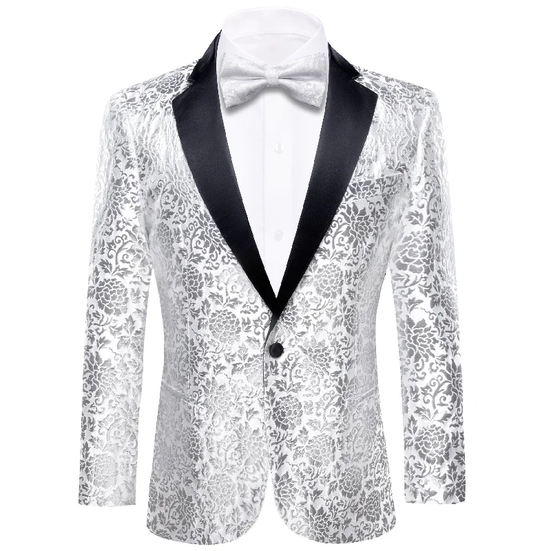 Simon Von  Luxury White  Grey Floral Men's Suit  Blazer-XX-0110