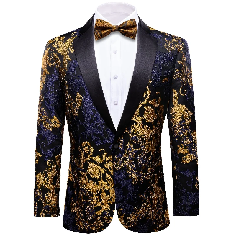 Simon Von  Men's Dress Party Blue Gold Paisley Suit Jacket Slim One Button Stylish Blazer-XX-0108