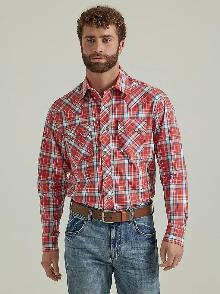 Exquisite Tailoring WRANGLER RETRO RED PICNIC LONG SLEEVE SAWTOOTH SNAP SHIRT