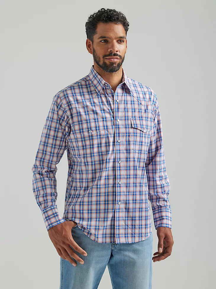 Street Fashion WRINKLE RESIST BLUE ORANGE LONG SLEEVE SNAP PLAID SHIRT