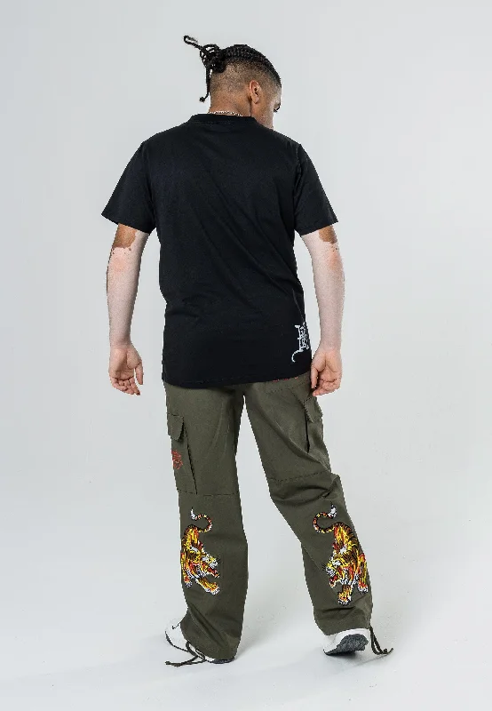 High Street Fashion Mens Double Tiger Cargo Pants Trousers - Olive