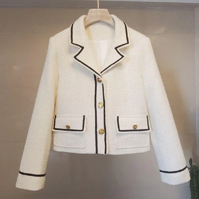 Noble Temperament Flap Pocket Button Short Tweed Jacket Women